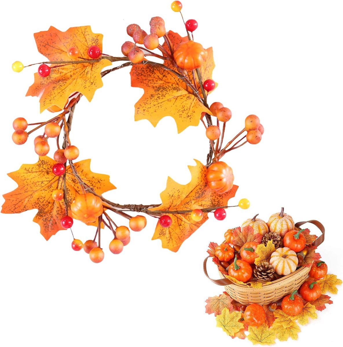 Herfst Deurkrans voor Woondecoratie met Pompoen en Esdoornbladeren