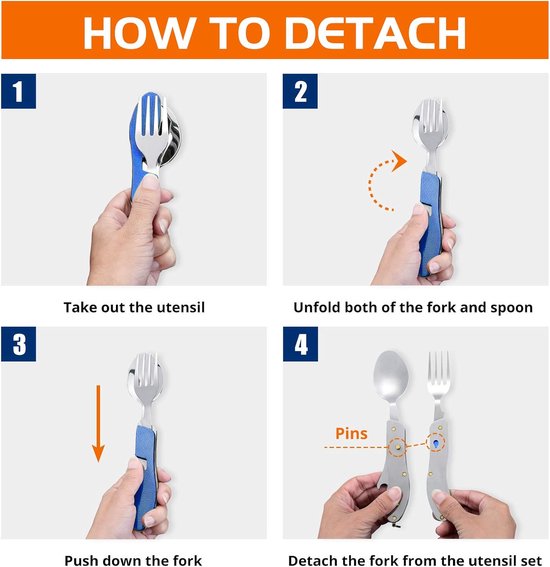 Opvouwbaar bestek - reisbestek - 3-in-1 mes, vork en lepel - kampeerbestek - kampeeraccessoires - geschikt voor thuis, kamperen, picknicks en wandelen - blauw - 18 cm - afmetingen opgevouwen: 10,1 x 2,2 x 1,1 cm — afbeelding 5