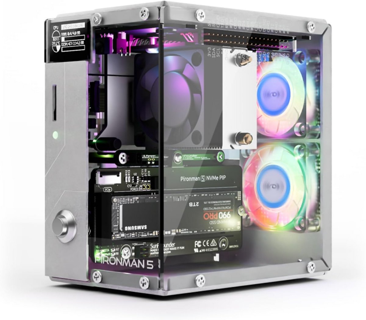 M.2 NVMe SSD PCIe Mini PC-behuizing voor Raspberry Pi 5 met RGB-ventilatoren en OLED-module