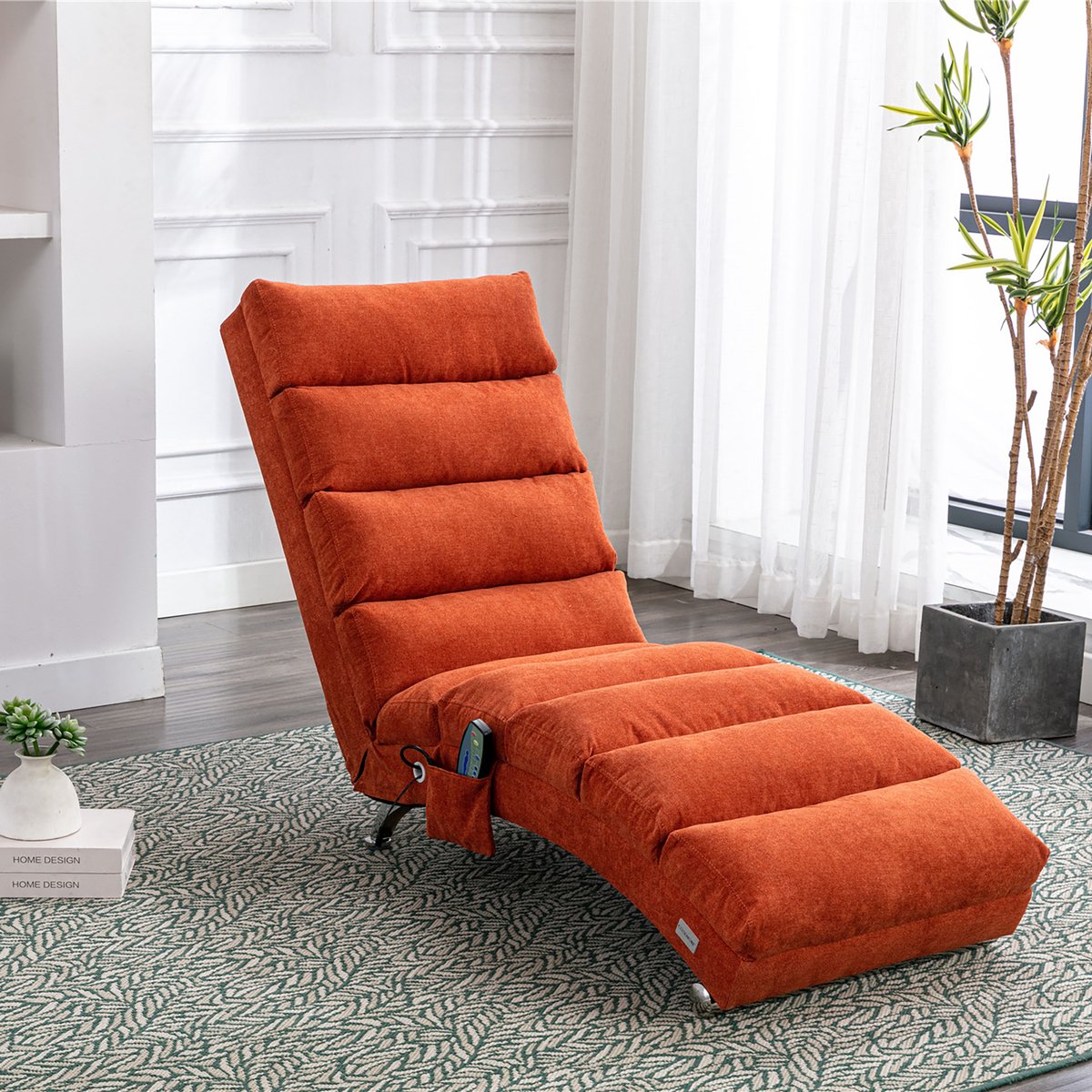 Zubaliya 1 Stuks Relaxfauteuil Met Vibratiefunctie - 148 cm Lang - oranje kleur Linnen - Opbergvak - 250 kg Draagvermogen - Eenvoudig Te Monteren