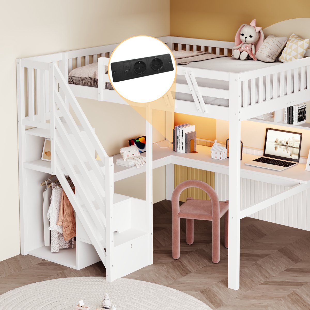 Wishdor Hoogslaper - 140x200 cm - Opbergladder Met Kastjes, Bureau En Ledverlichting - Compleet Tienerhonk - Hout - Wit