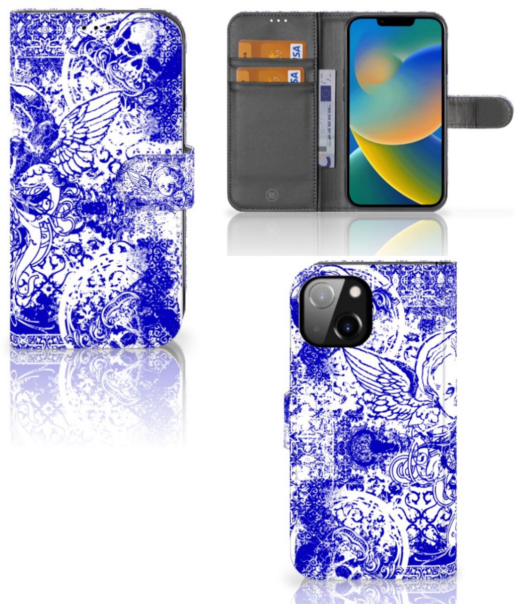 Telefoonhoesje met Naam Apple iPhone 14 Angel Skull Blauw