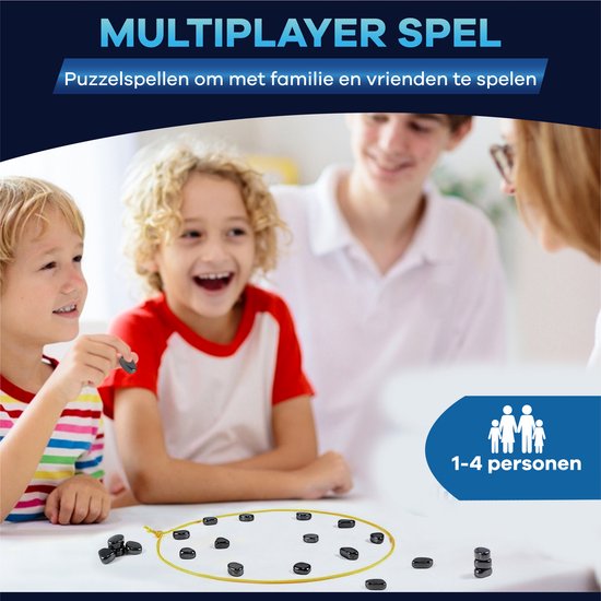 Kinderen spelen een magnetisch spel met de tekst 'MULTIPLAYER SPEL' en '1-4 personen'.