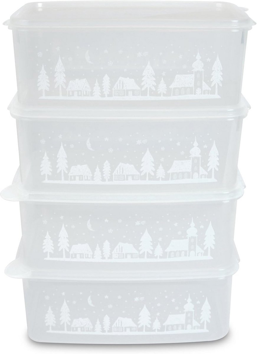 Set van 4 Rechthoekige Koekjesblikken, 2,5L, Transparant met Winterdorp-Design