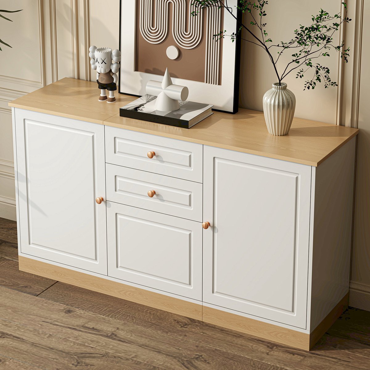 Wishdor Dressoir - 3 Deuren En 2 Lades - Opbergruimte - Voor Woonkamer En Eetkamer - Spaanplaat - Wit En Houtlook - 135,5 X 39 X 76 Cm