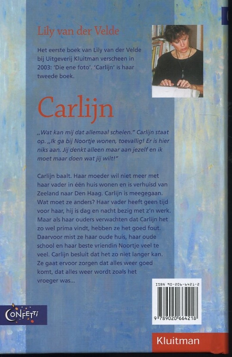 Achterkant van het boek 'Carlijn' met tekst en een foto van een vrouw.