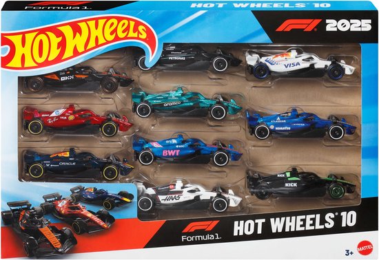 Verpakking van 10 Hot Wheels F1 2025 speelgoedraceauto's.