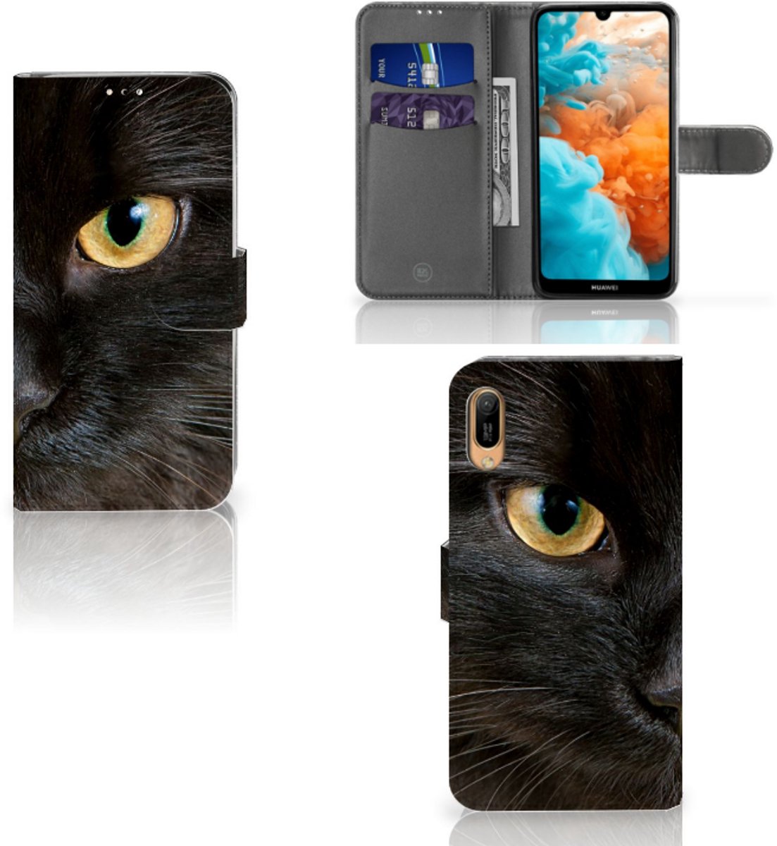 Huawei Y6 (2019) Telefoonhoesje met Pasjes Zwarte Kat