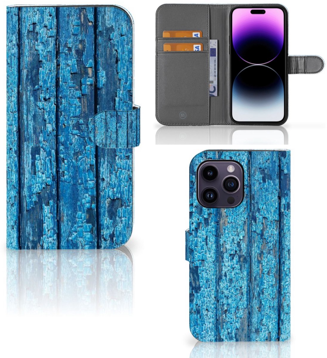 iPhone 15 Pro Max Book Style Case Wood Blue