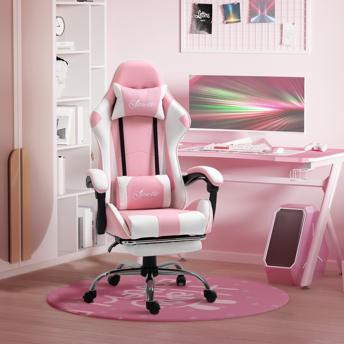 OKWISH Gamingstoel - Ergonomisch Met Hoofdsteun En Voetsteun - Verstelbaar En Draaibaar - Voor Werk En Gamen - Roze