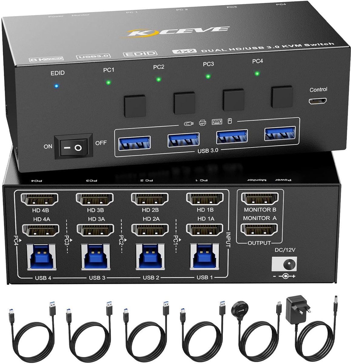 HDMI KVM Switch 4 Computers 2 Monitoren 8K@60Hz 4K@144Hz USB 3.0 met EDID Emulatie