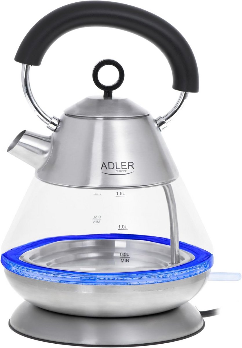 Elektrische Waterkoker Glas 1.5L Vintage Design Draadloos met Blauwe LED Verlichting 2200W