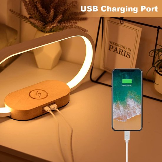 Dimbare Nachtlamp met Digitale Klok, Draadloze Oplader en USB Poort - Hout Look van Merkloos — afbeelding 3