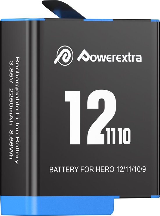 PowerExtra accu 2250 mAh voor GoPro 9, 10, 11, 12 action camera batterij met beveiliging zwart/blauw