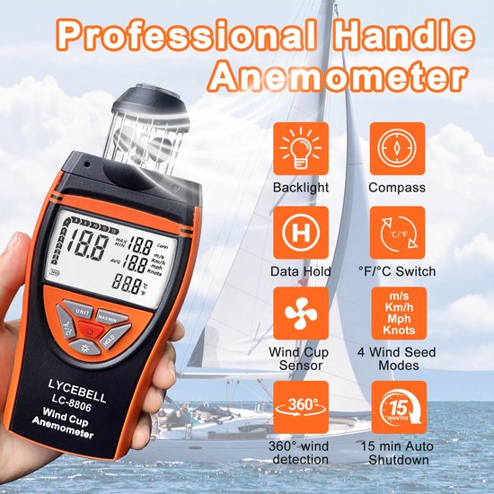 Professionele Draagbare Anemometer met 360° Windsensor - Meet Windsnelheid & Temperatuur - LCD & Kompas — afbeelding 2