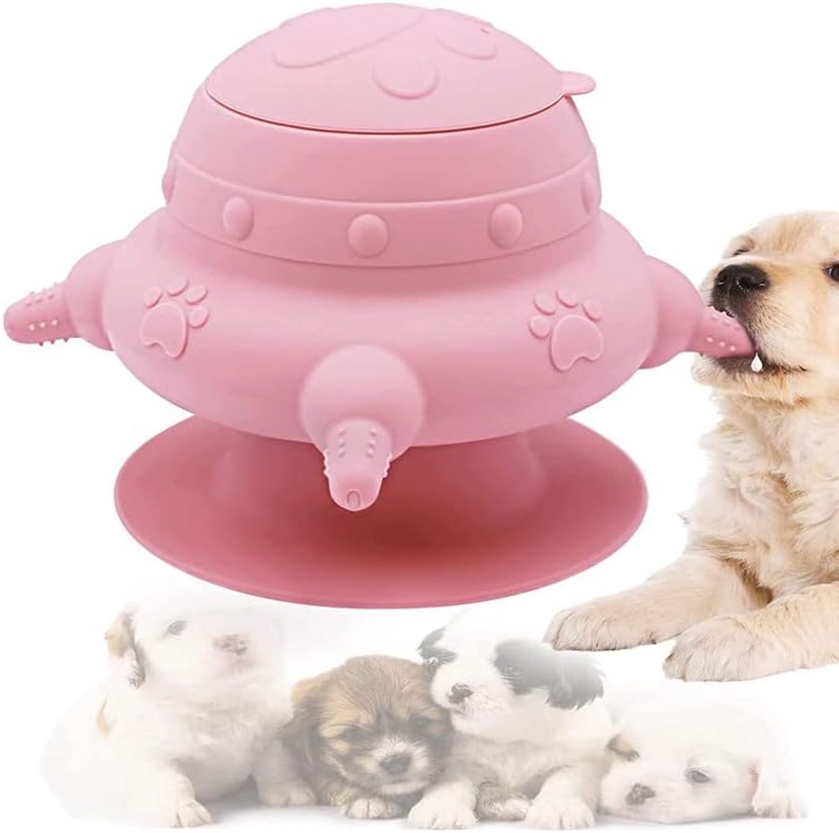 Puppyvoerbak – Siliconen voerstation voor puppy’s – Siliconen voedingsstation voor puppy’s – Multifunctionele fopspeen voor huisdieren – 4 fopspenen – Zuignapvoet – Roze – Geschikt voor kittens, puppy’s en konijnen