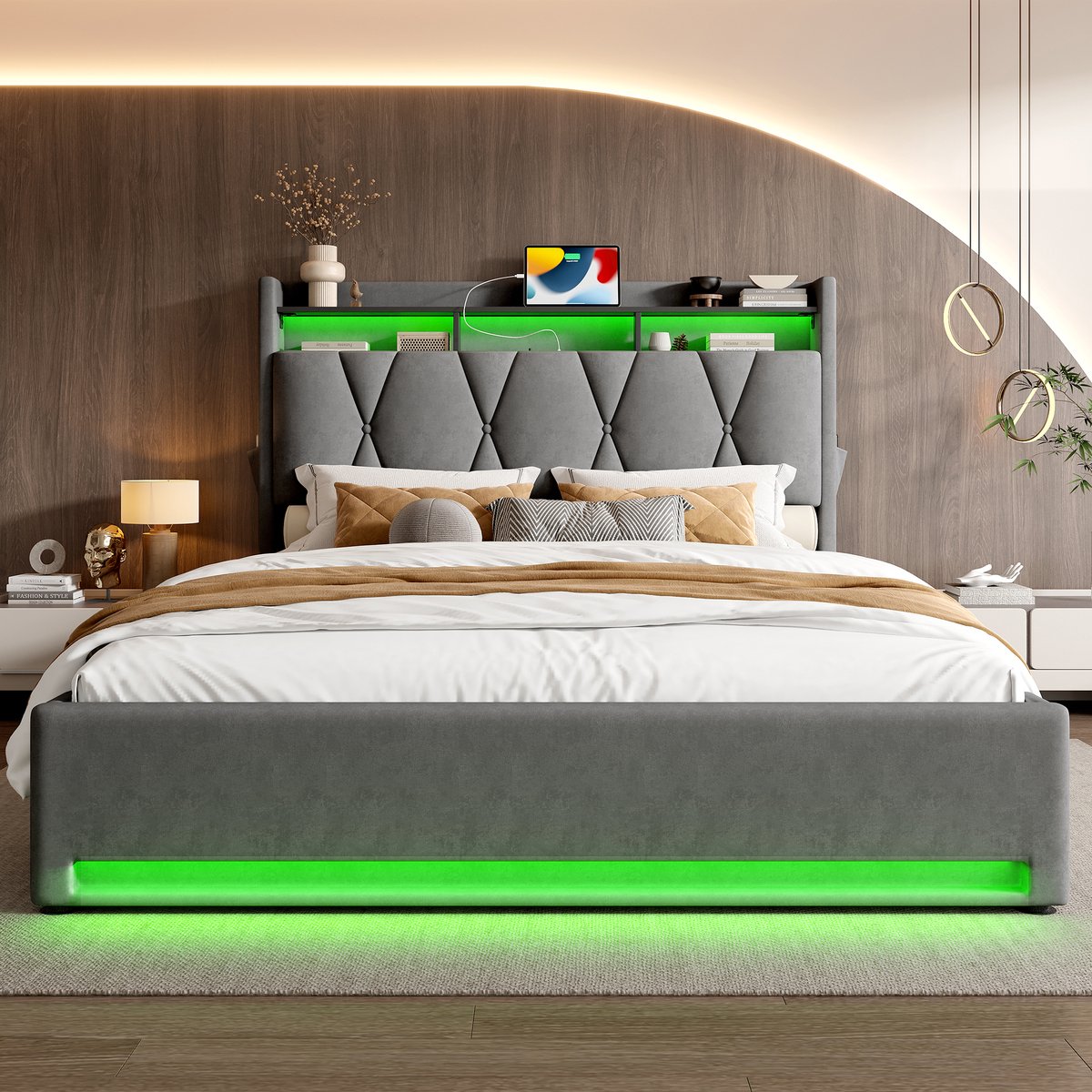 Tweepersoonsbed 140x200 cm met Opbergruimte, Grijs Fluweel, LED & USB-C - Gestoffeerd Opslagbed met Hydraulische Lattenbodem