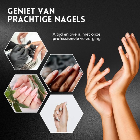Collage van handen met verschillende nagelstijlen en professionele nagelverzorging.