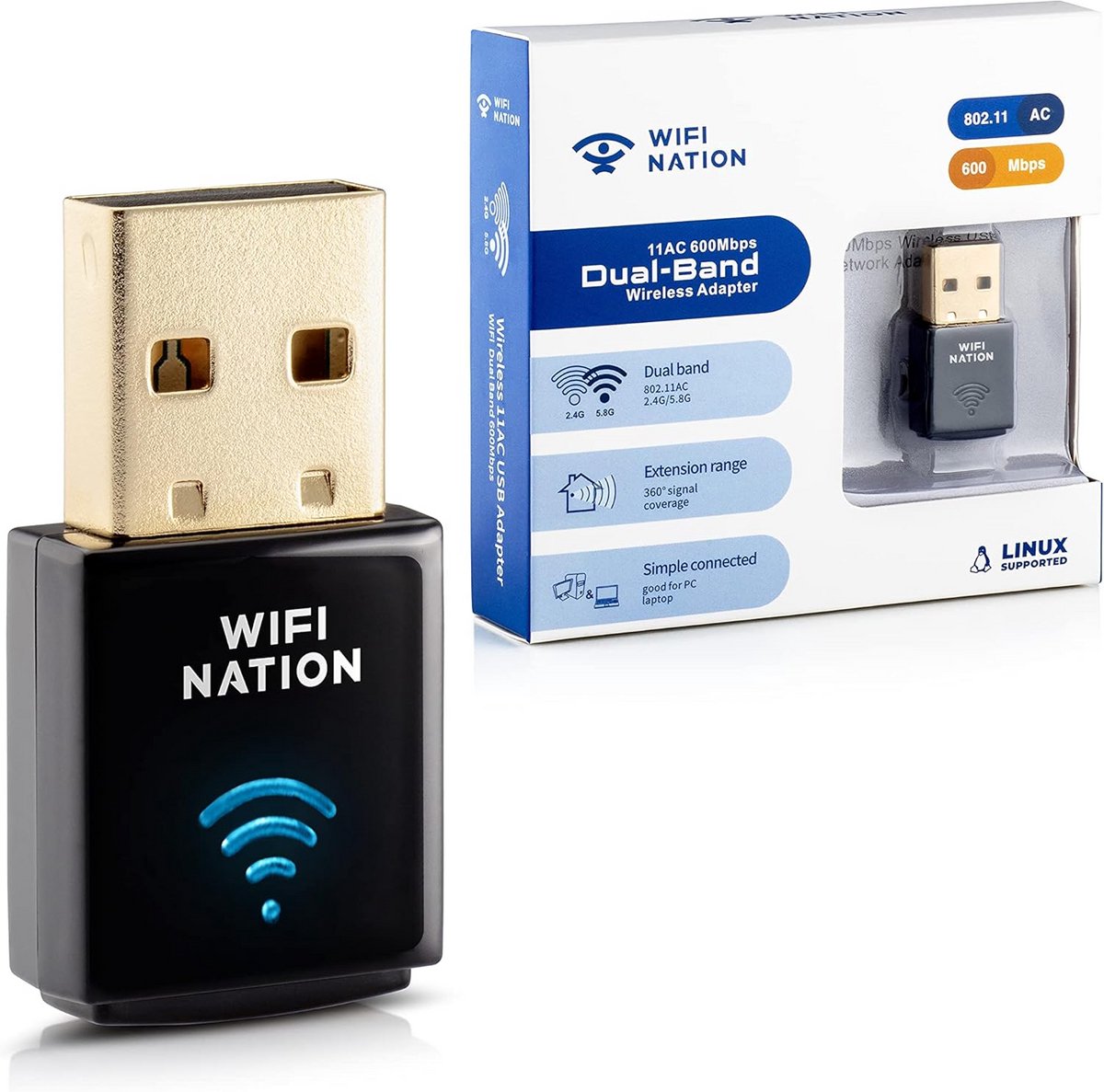 Mini USB WiFi Adapter AC600 Dual Band 2.4GHz/5GHz voor Windows, MacOS en Linux