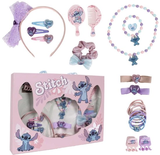 Set de bijoux et accessoires pour cheveux Lilo & Stitch dans une boîte rose et pièces séparées: serre-tête avec nœud, pinces, collier, bracelet, miroir, peigne, nœuds, chouchou, élastiques et barrettes.