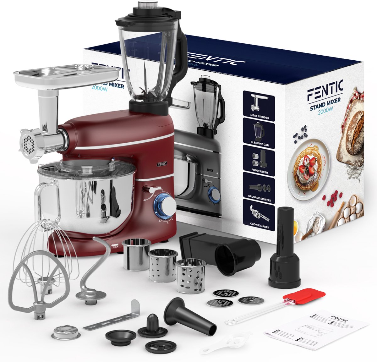 Fentic Keukenmachine – 2000W – Keukenrobot – Foodprocessor - 6,2L Mengkom – Incl. Vleesmolen, Blender en extra Accessoires – Rood – foto 8