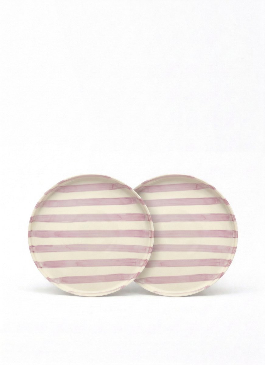 vtwonen - Borden - Lunchbord - Strepen - Lila - Set van 2 - Keramiek - 20cm