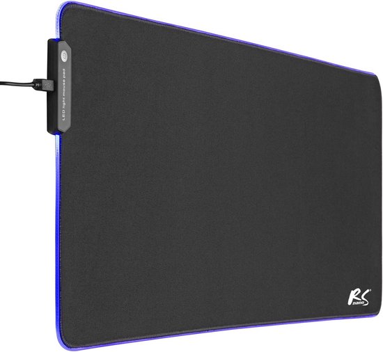 Zwarte XL gaming muismat met blauwe LED rand en logo.