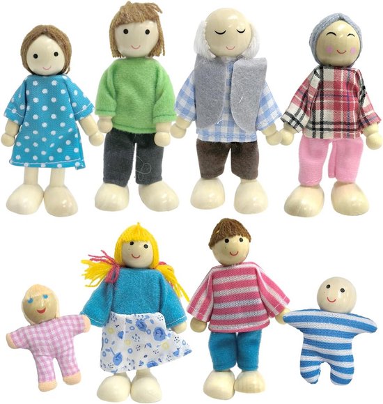Groep van zeven houten poppenhuispoppen met diverse kleding en kapsels.