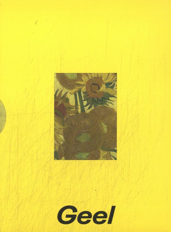 Gele kaft met een ingekaderde reproductie van Van Goghs Zonnebloemen, met het woord "Geel" onderaan.