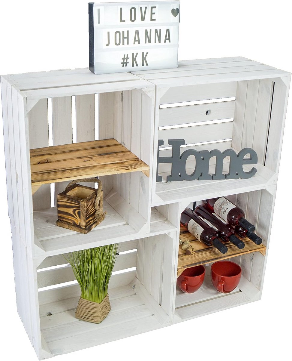 Set van 4 Houten Fruitkisten Wit Gelakt - Stijlvolle Opslag voor Wijn, Boeken of Kleding