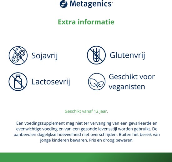 Symbolen voor "Soja-vrij", "Gluten-vrij", "Lactose-vrij" en "Geschikt voor veganisten" met tekst erbij.