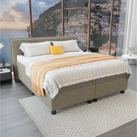 Mörgenn Boxspring Capri - Pocketvering Boxen en matrassen - Luxe 12cm topper - Taupe - 160x200 cm - Inclusief Dekbed en Kussens