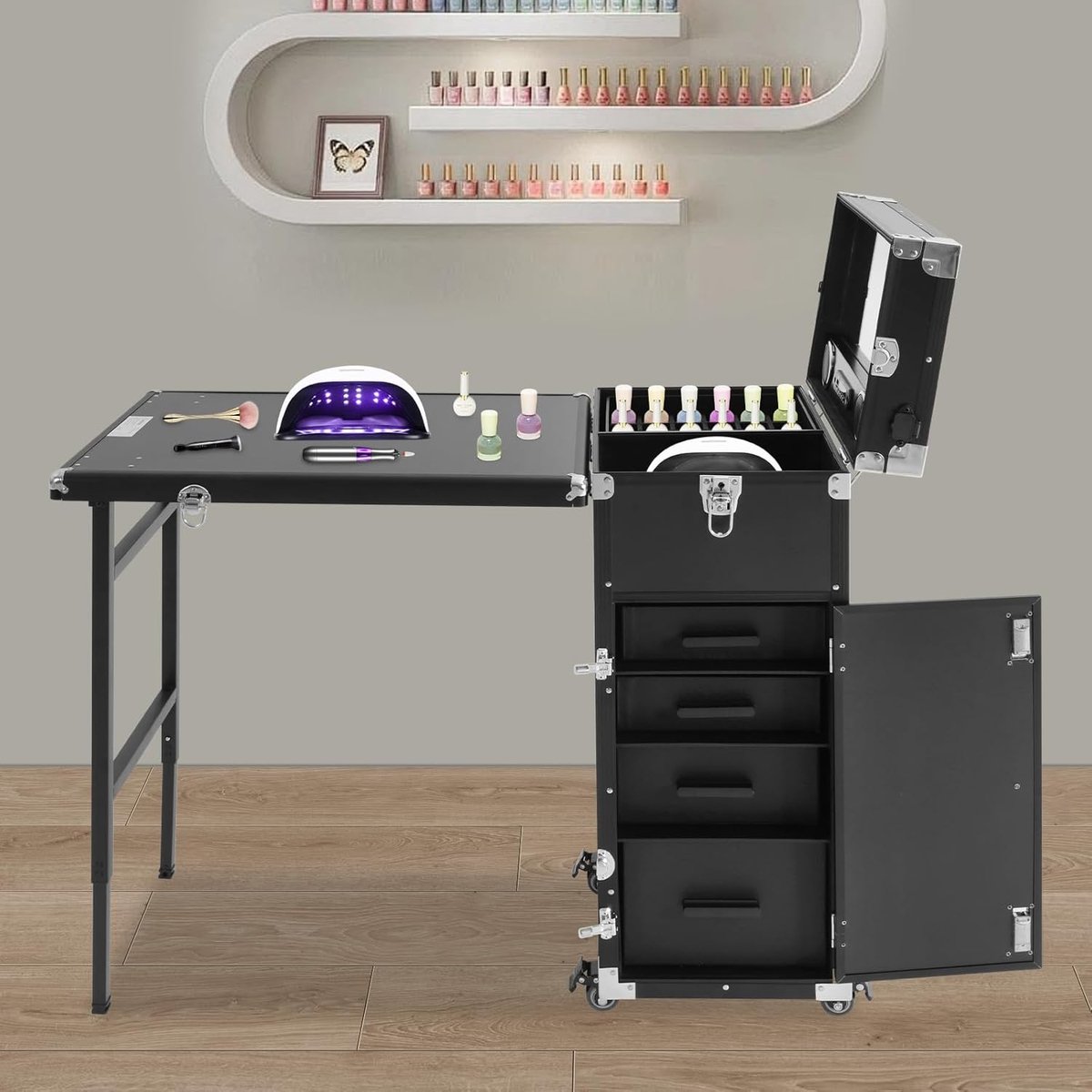 Professionele Trolley Make-up Tafel met 4 Laden en Spiegel - Inklapbaar en Mobiel