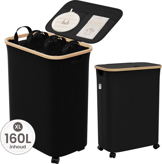 Wasmand 3 Vakken met Deksel - Wassorteerder Opvouwbaar - Wasbox op Wielen - 160L - Laundry Basket Bamboe - Incl. 5 Uitneembare Waszakken en 5 Labels - Zwart