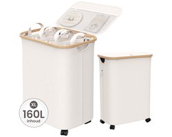 Wasmand 3 Vakken met Deksel - Wassorteerder Opvouwbaar - Wasbox op Wielen - 160L - Laundry Basket Bamboe - Incl. 5 Uitneembare Waszakken en 5 Labels - Beige