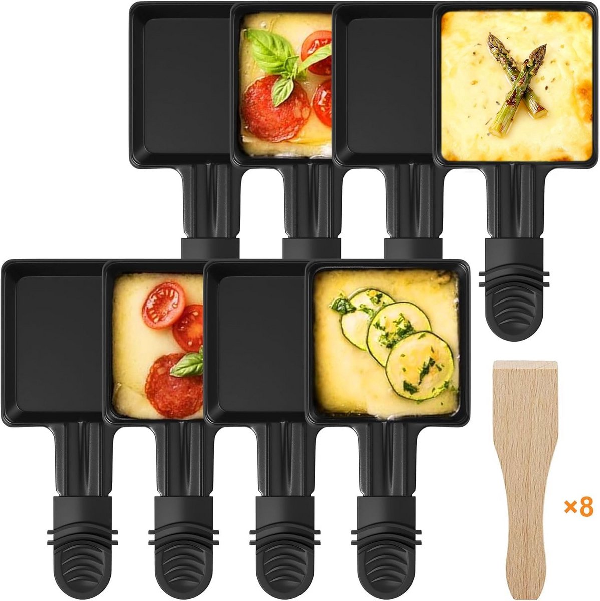 8 Stuks Raclette Pannetjes Vervanging met Houten Spatels - Anti-Aanbak