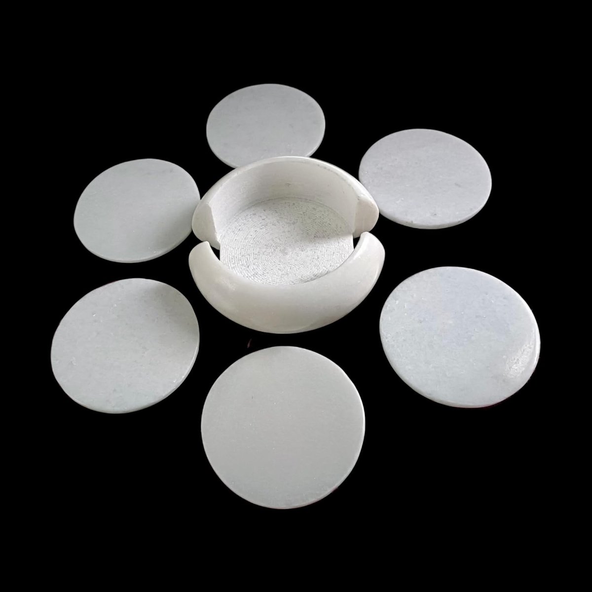 Handgemaakte Witte Marmeren Onderset met Houder - Set van 6 Ronde Onderzetters