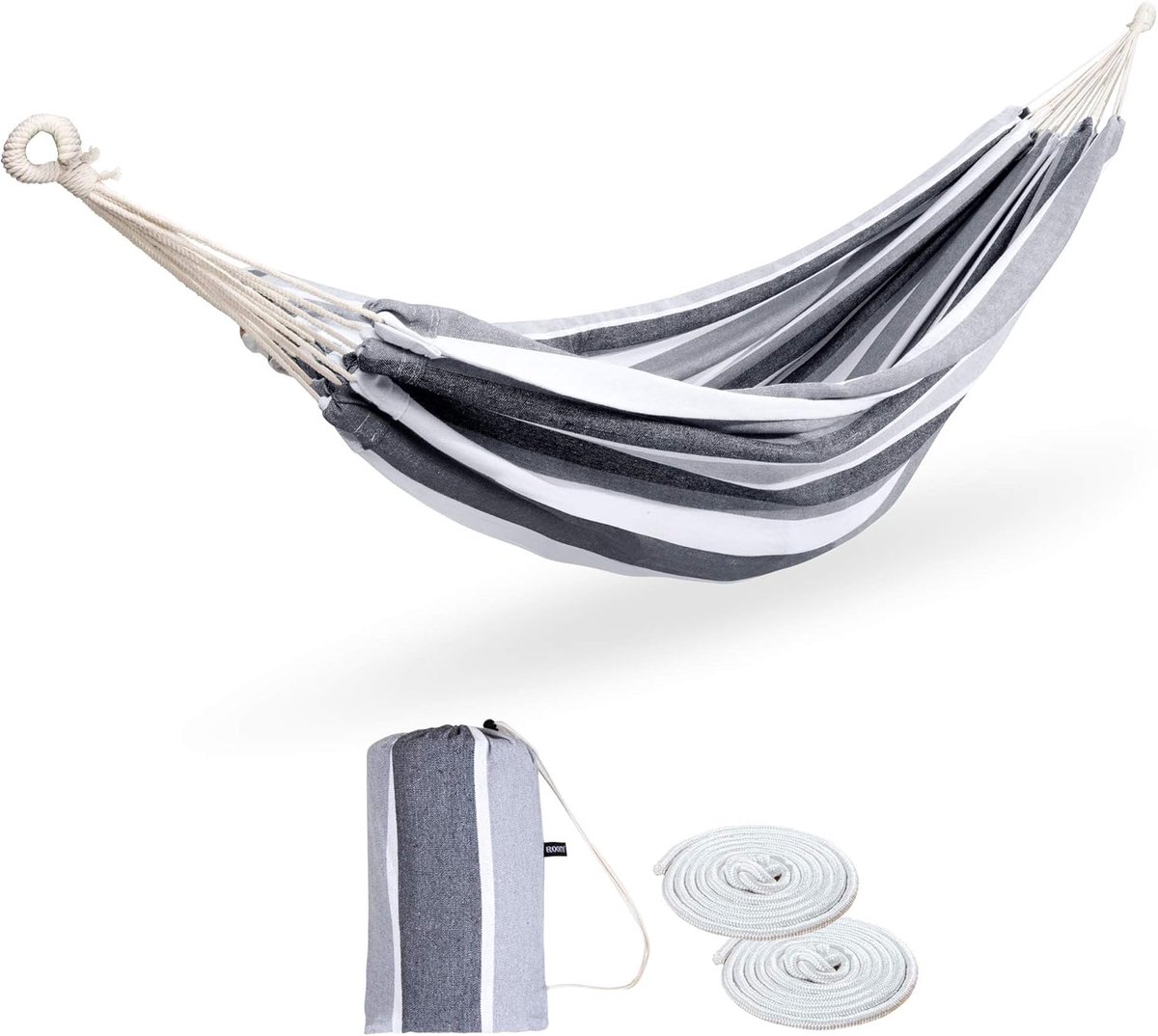 Luxe Hangmat Grijs Wit Gestreept XXL voor Buiten en Binnen met Draagtassen