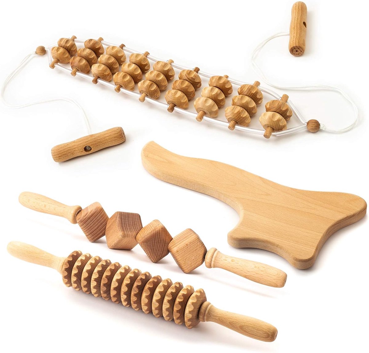 Maderotherapie Set 4 Delen: Anti Cellulite Massage Roller Hout voor Lichaam en Gezicht