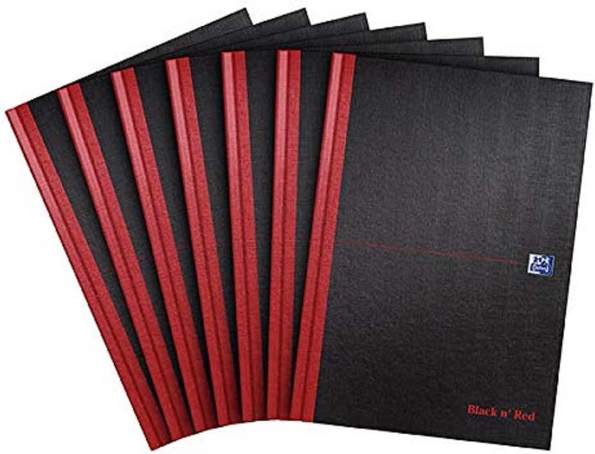 Set van 7 A4 Hardback Notitieboekjes Gelijnd 192 Pagina's Zwart/Rood