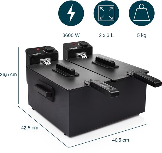 Princess Dubbele Frituurpan - Inhoud 2 x 3 liter - Koude Zone - 3600W - 2x regelbare thermostaat - 183028 - Zwart