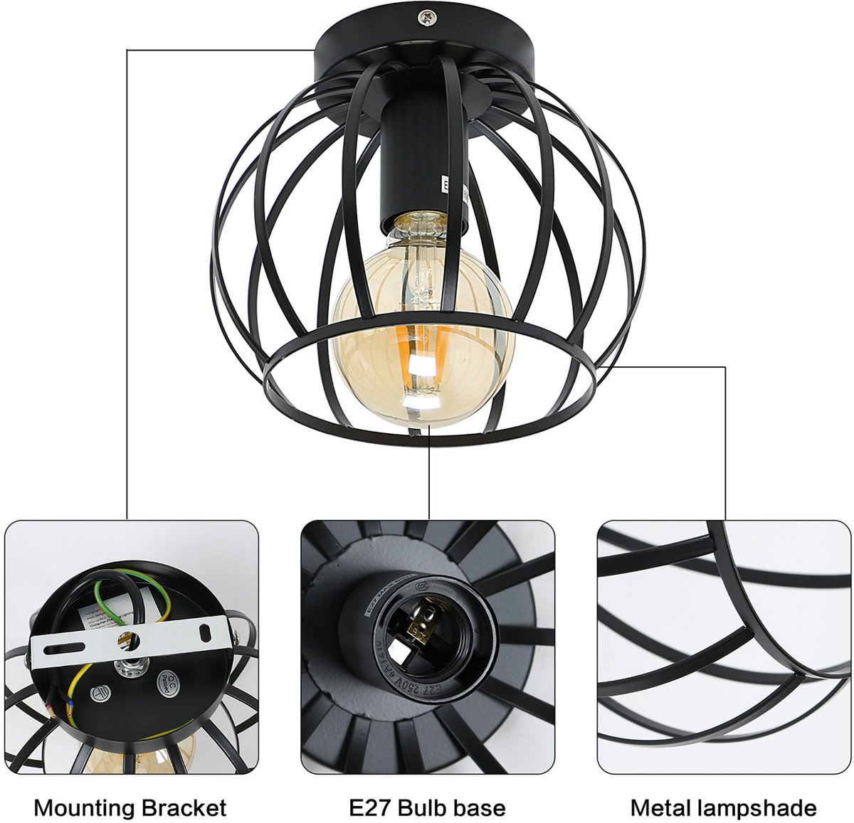 Vintage plafondlamp met E27 fitting - zwart met metalen kooi - voor hal, slaapkamer en woonkamer