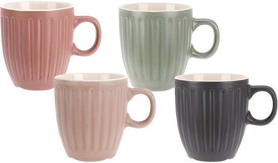 Excellent Houseware Koffiemok / theemok Line - 4x - kleurenmix - 150 ml - mokken - kerammiek - tas