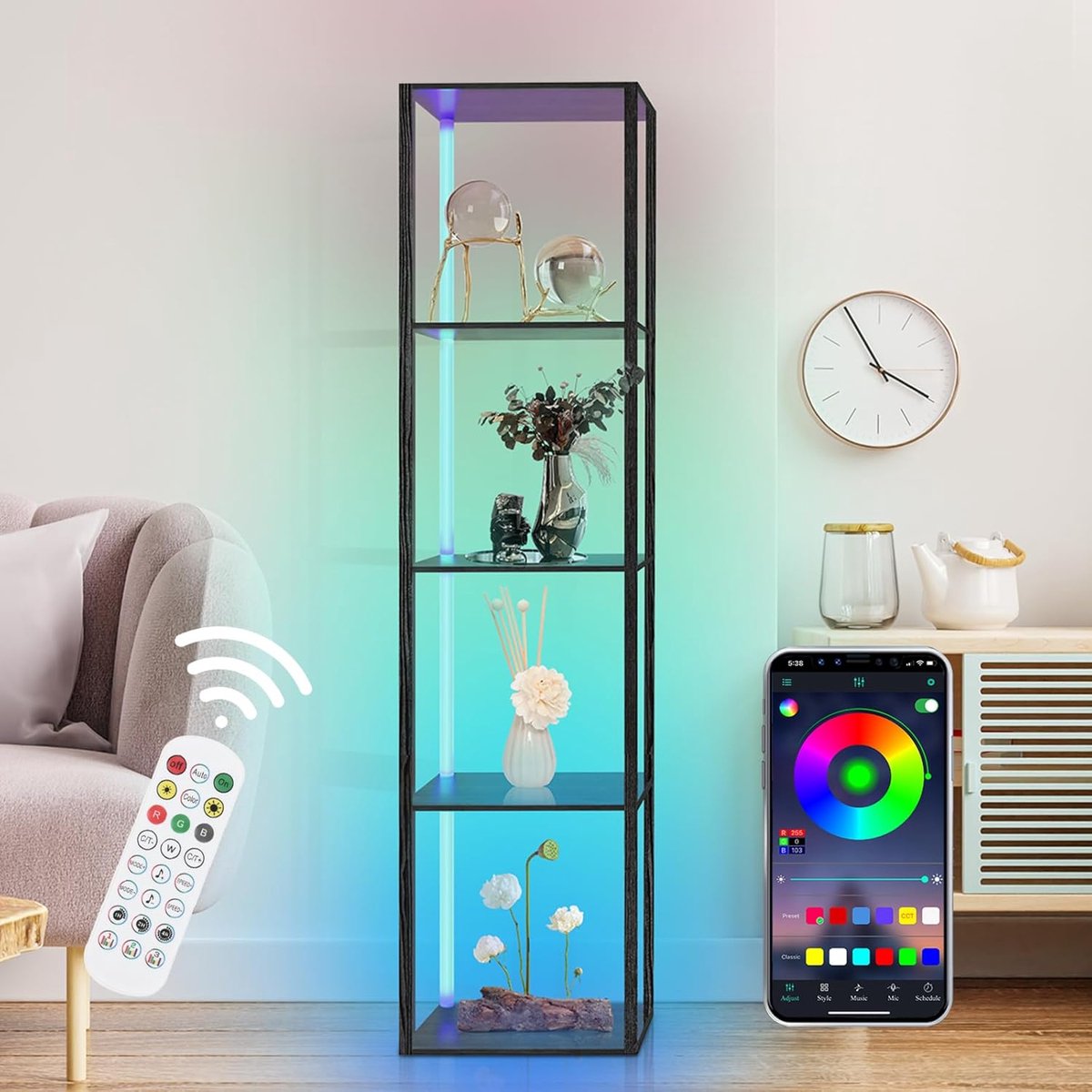 Boekenkast met LED Verlichting en 5 Planken - Staande Vloerlamp met Afstandsbediening en A