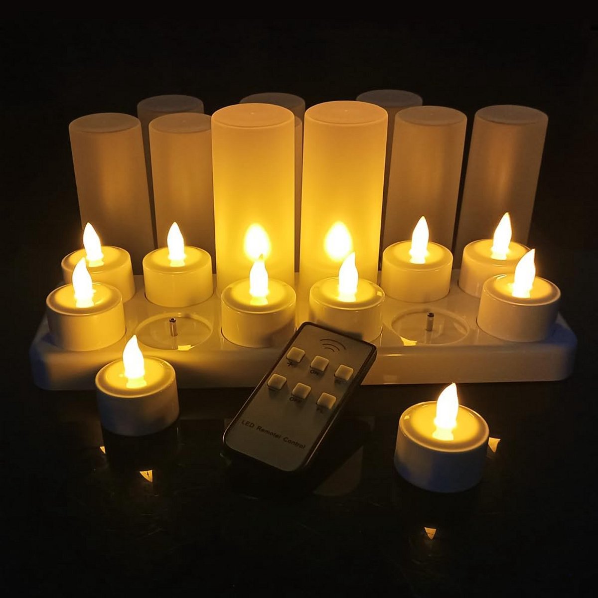 Set van 12 Oplaadbare LED Theelichtjes met Dynamo Effect en Afstandsbediening