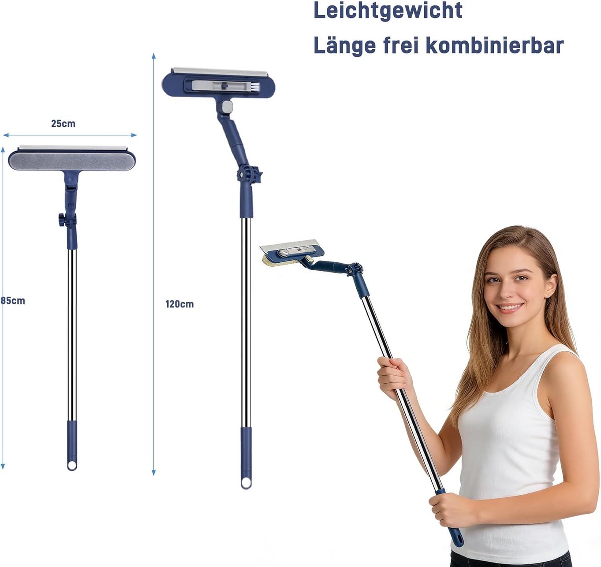 2 in 1 Ramenwasser - Ramenwasser telescopischr - Ramenwasser- Ruitenreiniger - Glaswisser - Raamwissergereedschap - Draaibare Wisser - Uitschuifbaar tot 120 cm - Ideaal voor ramen, spiegels, douches - Blauw thumbnail 6