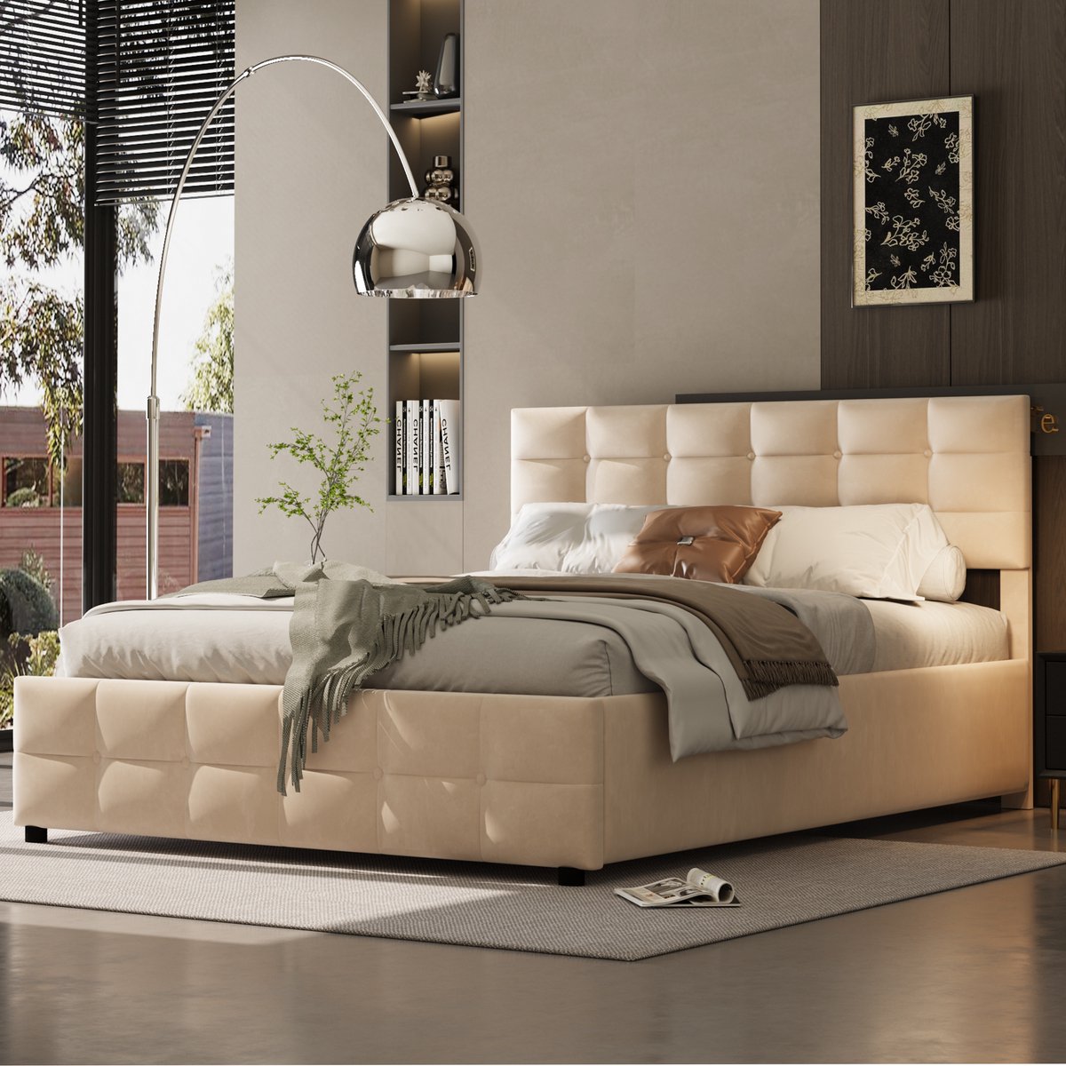 MODFU Bedframe 180 x200 cm, gestoffeerd in beige, met lattenbodem en opbergruimte