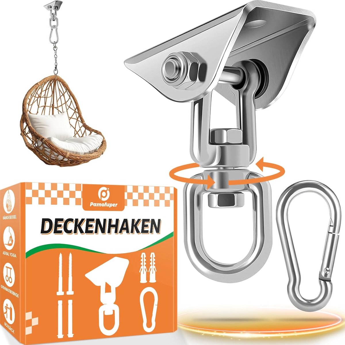 Zware Plafondhaak RVS 360° Draaibaar voor Hangmat, Schommelstoel, Bokszak en Yoga