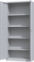 Grijze metalen archiefkast, met de deuren open en vijf legplanken.