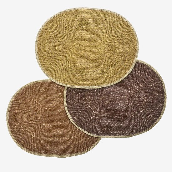 Madam Stoltz - Ensemble de 3 sets de dessous de plat ovales en jonc de mer - tons chauds